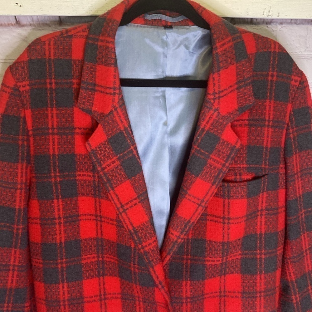 Vintage Reitmans Red Plaid Tartan Wool Blend Button Up Blazer Pockets Size L - Picture 5 of 17